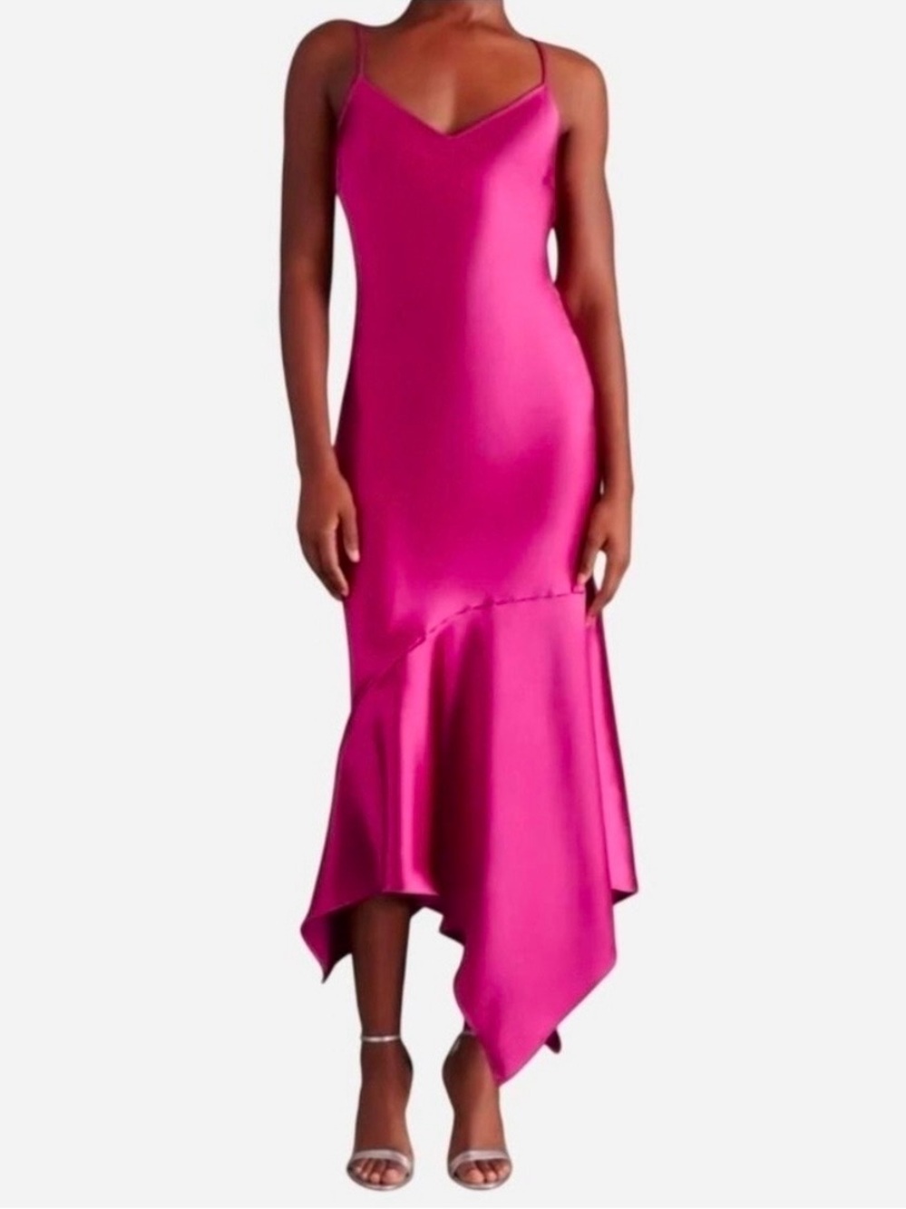 New Steve Madden Fuchsia Satin Slip Dress with Asymmetric Hem Sz. M